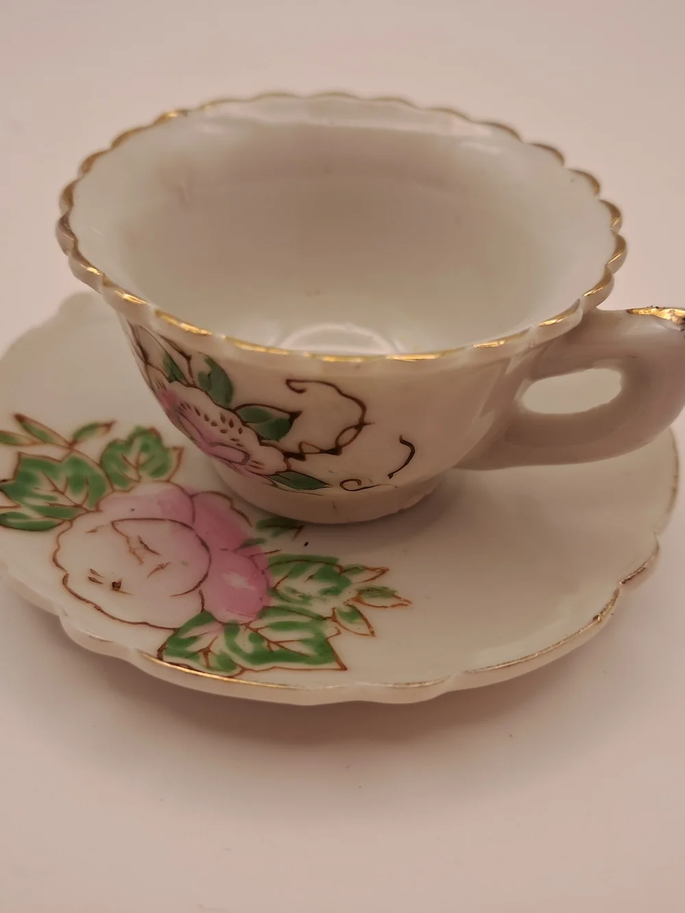 Vintage Miniature Teacup Saucer Set Hand Painted Pink Floral Gold Trim Japan
